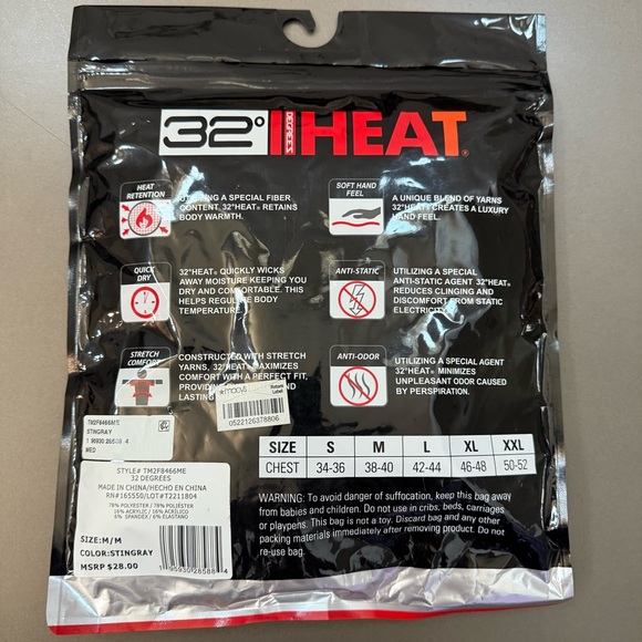 NWT 32 Degrees Black Stringray Dark Gray Heat Retention Long Sleeve Medium Top - Picture 2 of 3